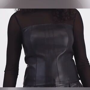 Black faux leather mesh trim long sleeve top